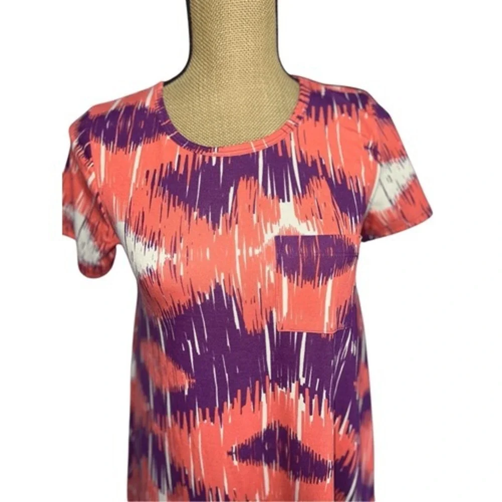 LuLaRoe Carly Swing Dress XXS Ikat Abstract Coral Purple High Low Pocket Stretch
